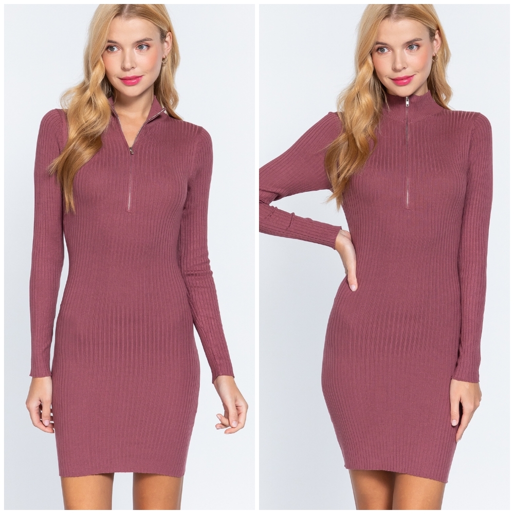 Dark Mauve Sweater Ribbed Fitted Long Sleeves Dress